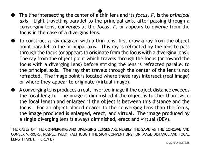 Main ideas for geometric optics of converging and diverging lenses