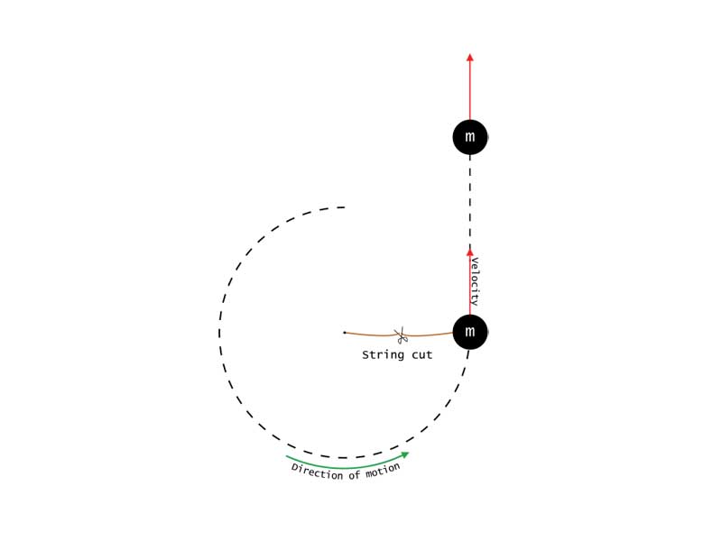 Vector diagram showing how an object travelling in uniform circular motion moves off at a tangent once there is no centripetal force.