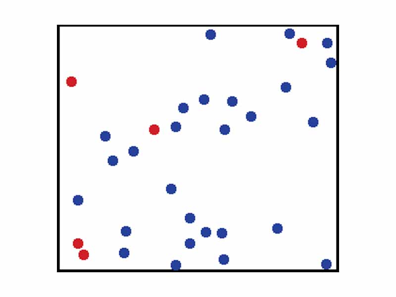 The randomized, or thermal, energy of particles such as atoms and molecules gives a substance its temperature.  For ideal monatomic gases this means kinetic energy from translations. Here, the size of helium atoms relative to their spacing is shown to scale under 136 atmospheres of pressure. These room-temperature atoms have a certain, average speed (slowed down here two trillion fold). At any given instant however, a particular helium atom may be moving much faster than average while another may be nearly motionless. Five atoms are colored red to facilitate following their motions.