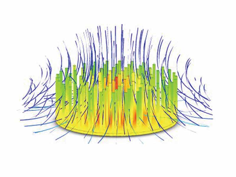 Pin Fin Heat Sink with Thermal Profile and Dione Convection Flow Trajectories (using CFD analysis)