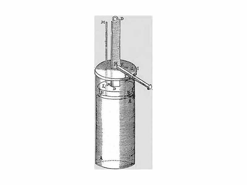 First Piston Steam Engine, by Papin. 19th century encyclopedia.