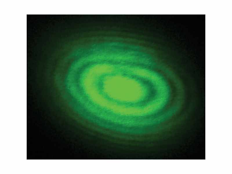 Interference pattern produced with a Michelson interferometer. Bright bands are the result of constructive interference while the dark bands are the result of destructive interference.