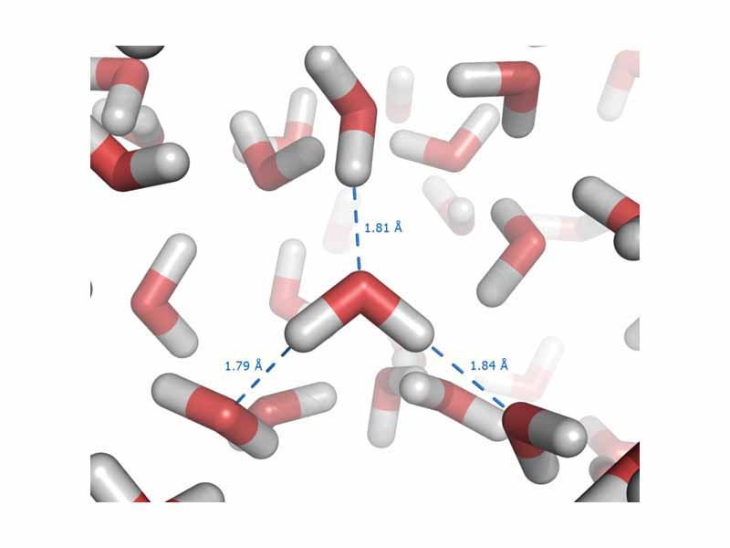 Snapshot from a simulation of liquid water. The dashed blue lines from the molecule in the center of the picture represent hydrogen bonds.