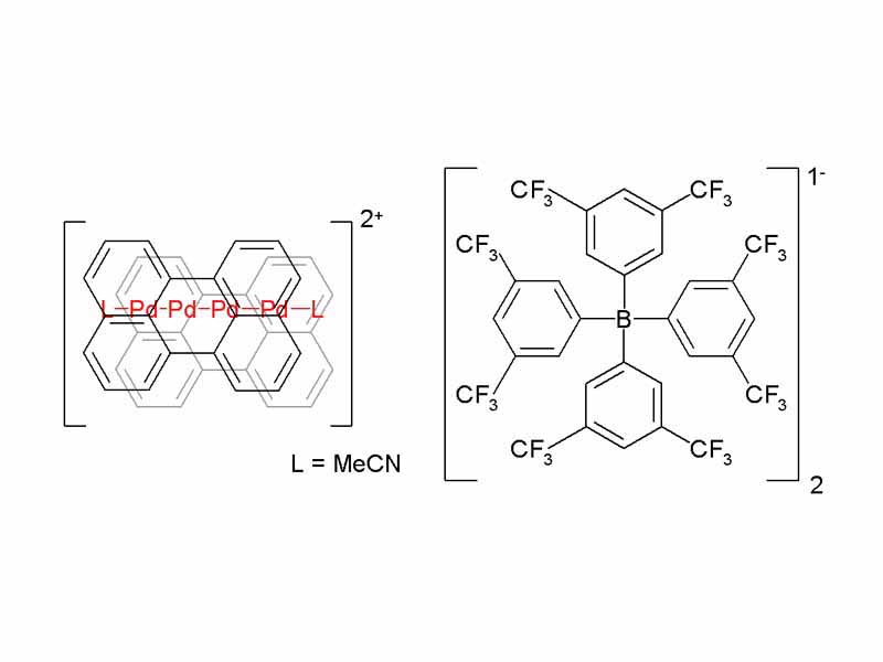 The compound depicted has four palladium atoms joined in a chain sandwiched between two perylene units [4]. The counterions are bulky tetraarylborates.