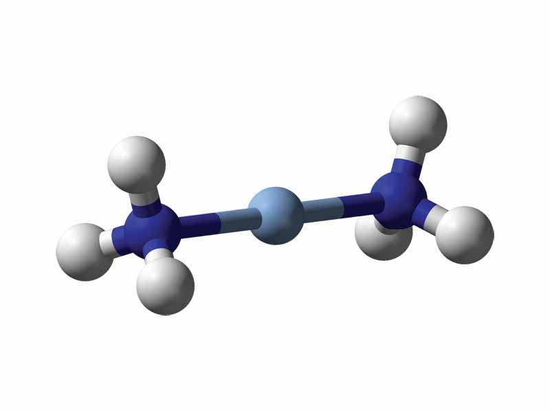 Tollens' reagent - Ball-and-stick model of the diamminesilver(I) cation, [Ag(NH3)2]+