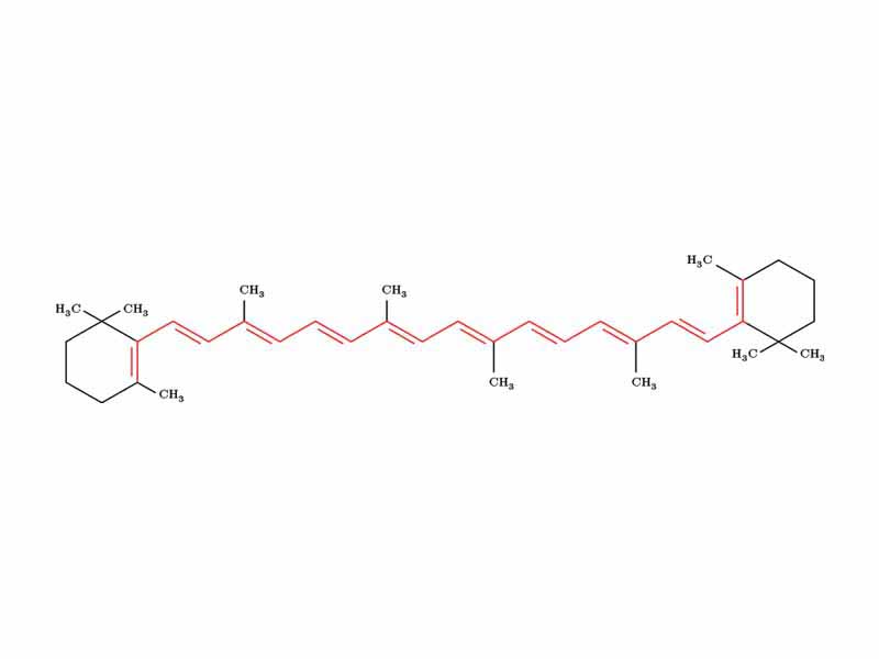 Chemical structure of beta-carotene. The ten conjugated double bonds that form the chromophore of the molecule are highlighted in red.