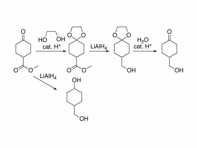 Acetal protection of a ketone during reduction of an ester