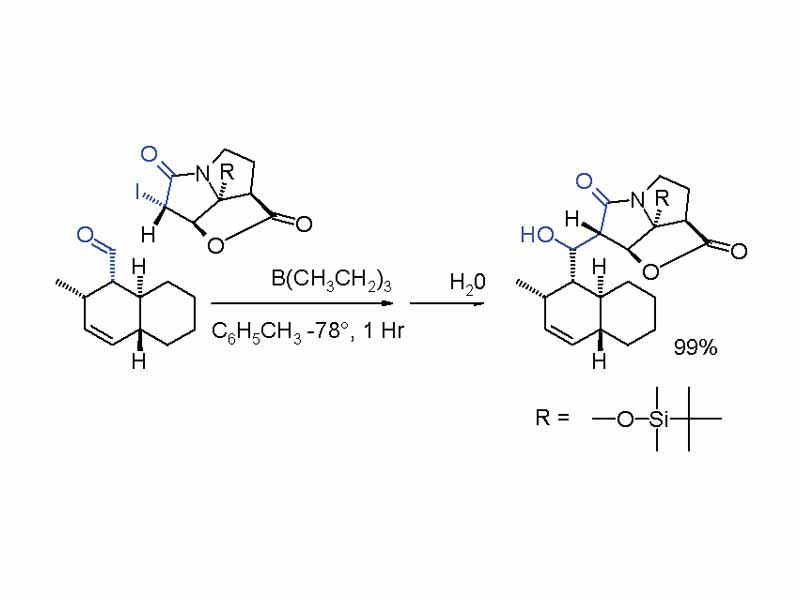 In one variation of the Reformatsky reaction an iodolactone is coupled with an aldehyde with triethylborane in toluene at -78°C.