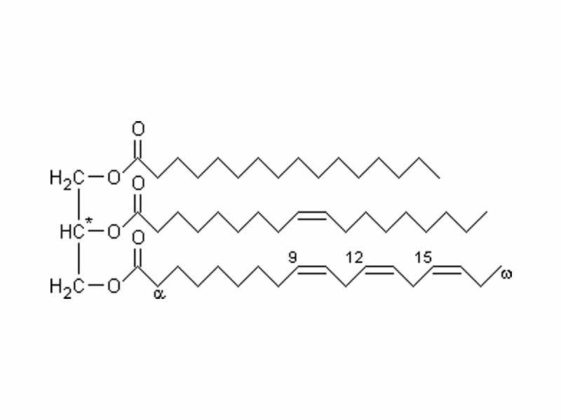 Example of an unsaturated fat triglyceride. Left part: glycerol, right part from top to bottom: palmitic acid, oleic acid, alpha-linolenic acid, chemical formula: C55H98O6