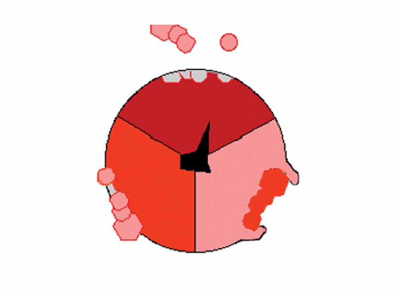 Mechanism of ATP synthase. ATP is shown in red, ADP and phosphate in pink and the rotating ? subunit in black.