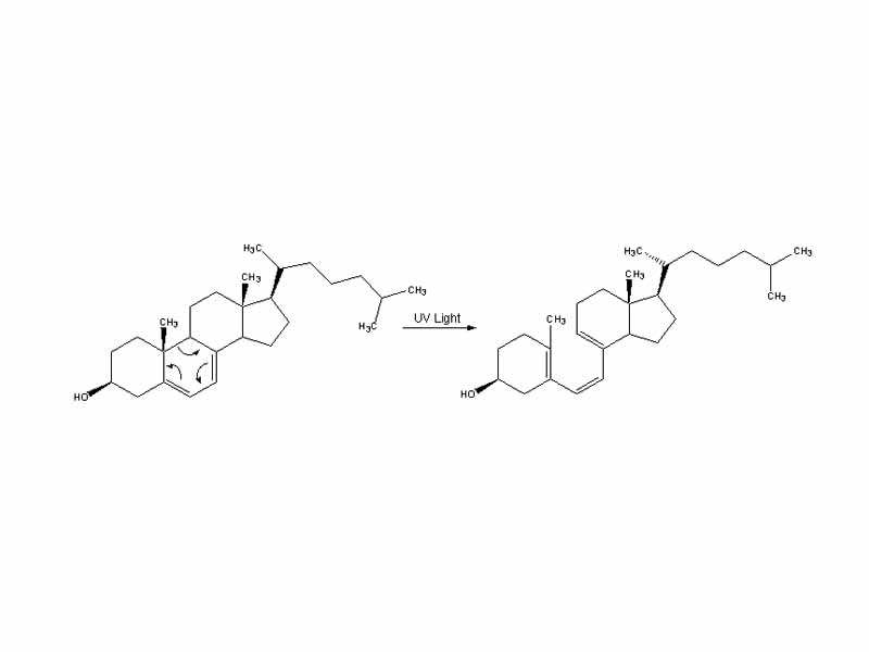 Vitamin D3 is synthesized from 7-dehydrocholesterol, a derivative of cholesterol, which is then photolyzed by ultraviolet light in 6-electron conrotatory electrocyclic reaction. The product is pre-vitamin D3.